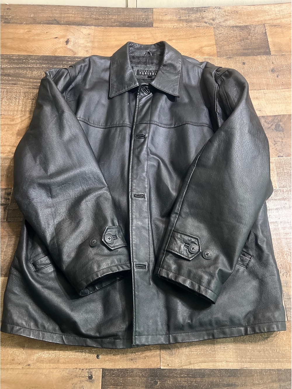 Perry Ellis Portfolio Black Leather Jacket Mens XL Button Front Quilted Car Coat
